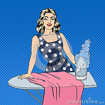 Woman Ironing Clothes. Girl Doing House Work. Pop Art Vector Illustration