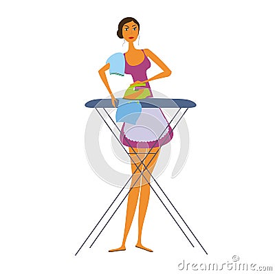 Woman ironing clothes. Vector Illustration