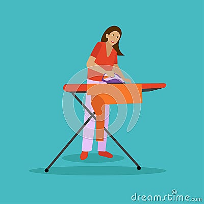 Woman ironing vector illustration. Housewife concept design element in flat style Vector Illustration