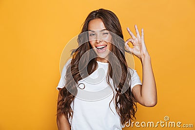 Woman isolated over yellow background showing okay gesture. Stock Photo