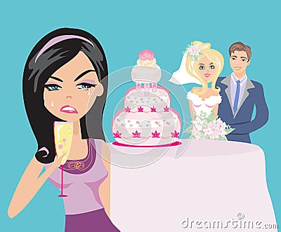 Woman jealous on a happy Wedding pair Vector Illustration