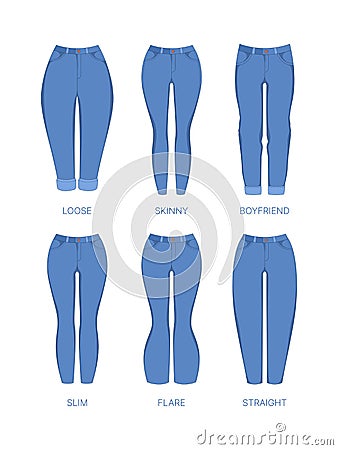 Woman jeans. Fabric denim blue clothes for girls stylish jeans skinny pants garish vector colored flat pictures Vector Illustration