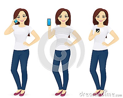 Woman in jeans with the phone Vector Illustration