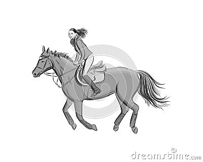 Woman Jockey on racing horse. Sport sketch. Champion. Hippodrome. Racetrack. Equestrian. Derby. Speed. Isolated on white Vector Illustration