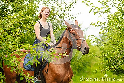 Woman jockey training riding horse. Sport activity Stock Photo