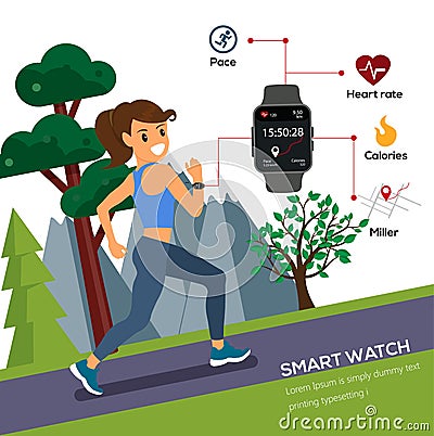 Woman Jogging and running for health use smartwatch lifestyle. Vector Illustration