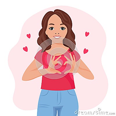 A woman with a joyful expression shows a heart with her hands. The concept of human emotions. Flat illustration Vector Illustration