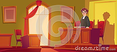 Woman judge in courtroom with hammer and documents Vector Illustration