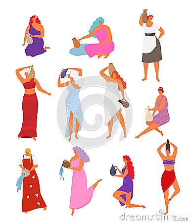 Woman with jug vector beautiful girl with long hair pouring water from jugful. Illustration set of female characters Vector Illustration