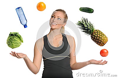 Woman Juggling Fruits Vegetables and Water Stock Photo