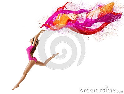 Woman Jump Sport, Girl Dancer, Gymnast Fly Pink Cloth Stock Photo