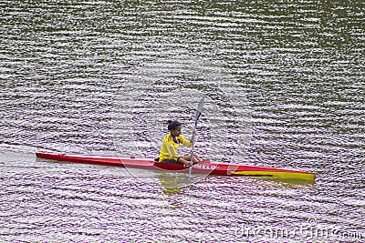 Woman kayaking alone. Kayaker, enjoy. Editorial Stock Photo