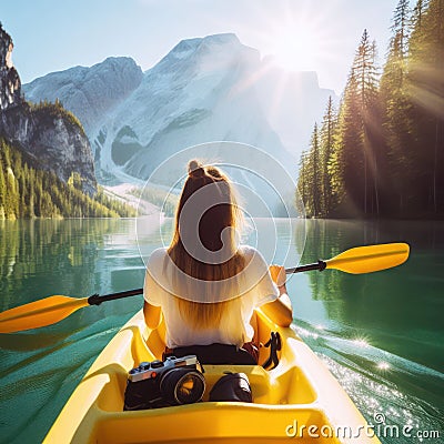 woman kayaking or canoeing on a flat water Stock Photo