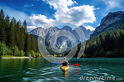 Woman kayaking on the lake in the Dolomites, Italy, Beautiful woman kayaking on a beautiful mountain lake with green trees, AI Stock Photo