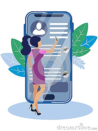 A woman keeps a record in the phone, making a list of cases, purchases. Day mode, schedule flat in minimalist style Vector Illustration