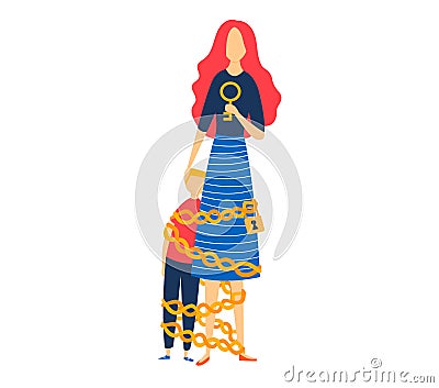 Woman with key freeing man from chains, metaphor for unlocking potential and overcoming obstacles. Empowerment and Vector Illustration
