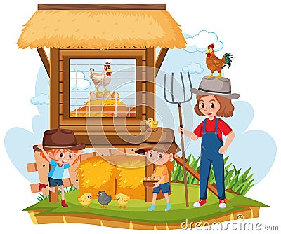 Woman and kids working in the farm Vector Illustration