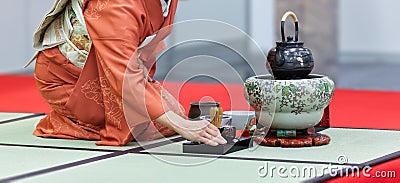 Japanese indoor performance of tea ceremony. Stock Photo