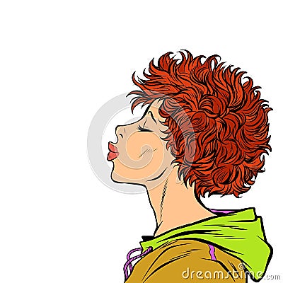 Woman kiss, profile view. Girls 80s Vector Illustration