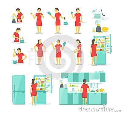 A woman in the kitchen set of different poses. Preparation food by prescription. Dishes and tableware. Fridge blender Vector Illustration