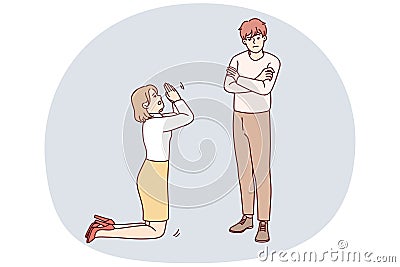 Woman kneel in front of man ask forgiveness Vector Illustration