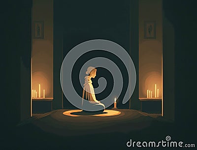 A woman kneels in prayer in a quiet candlelit room as her hands are clasped together in reverence. Lifestyle concept. AI Stock Photo