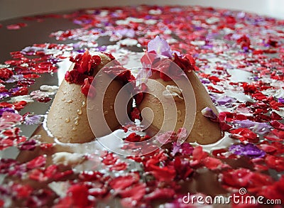 woman knees in Rose Petals Bath Stock Photo