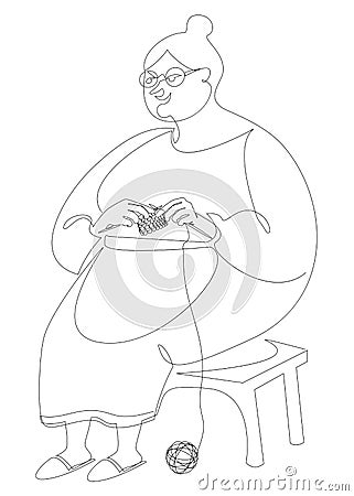 The woman knits with knitting needles and threads. The lady is sitting on a chair. Drawing in modern trendy style with one line. S Vector Illustration