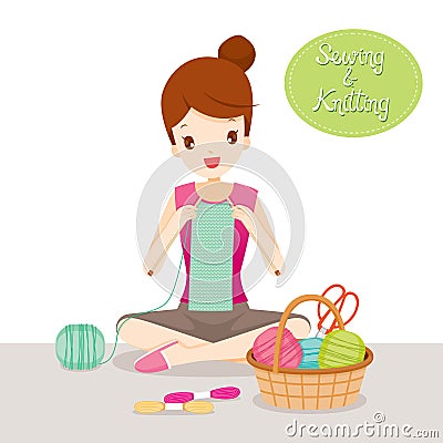 Woman Knitting Scarf Vector Illustration