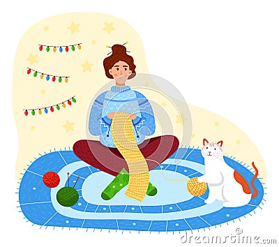 Woman knitting warm winter scarf, surrounded by colorful yarn, enjoying cozy handmade hobby. Content knitter creating Vector Illustration