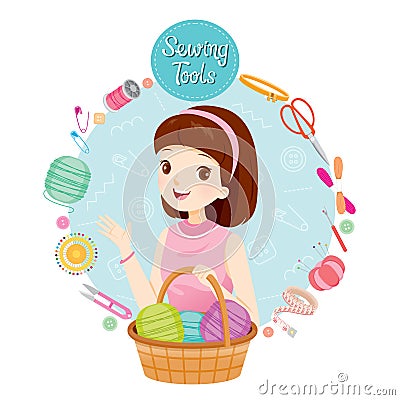 Woman With Knitting Wool In Basket And Sewing Kits Set Vector Illustration