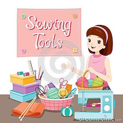 Woman With Knitting Wool In Basket And Sewing Kits Set Vector Illustration