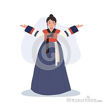 Woman in Korean Traditional Dress Hanbok Proudly Presenting Cultural Elegance Vector Illustration