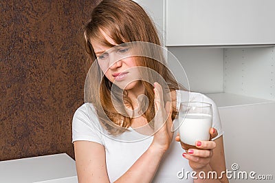 Woman with lactose problem is suffering from stomach pain Stock Photo