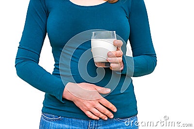 Woman with lactose problem is suffering from stomach pain Stock Photo