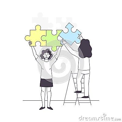 Woman on Ladder Assembling Huge Jigsaw Puzzle Connecting Mosaiced Pieces Together Vector Illustration Stock Photo