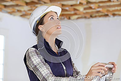 Woman on ladder looking at problem Stock Photo