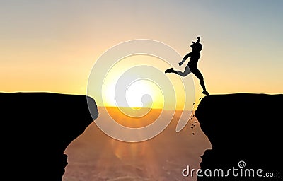 Woman landing after jump over abyss. Stock Photo