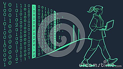 Woman laptop binary, digital age, technology data, information flow, Vector Design, Generative AI Vector Illustration