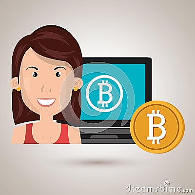 woman laptop bitcoin online Cartoon Illustration