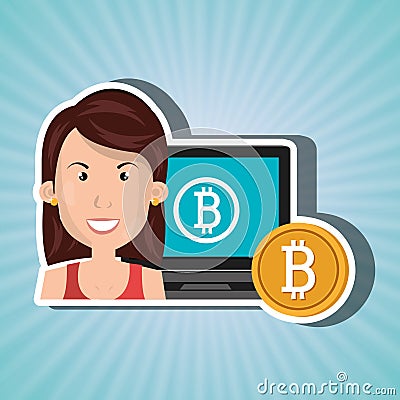 woman laptop bitcoin online Cartoon Illustration