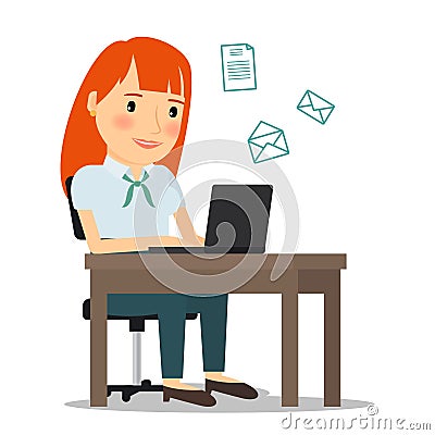 Woman with laptop computer sending email Vector Illustration