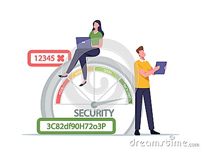 Woman with Laptop and Man with Tablet at Scale of Password Security Range with Poor, Average, Good and Excellent Safety Vector Illustration