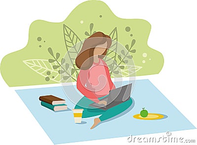 Woman with laptop sitting in nature and leaves. Concept illustration for working, freelancing, work from home. Vector image in Vector Illustration