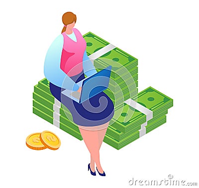 Woman with laptop sitting on stack of money. Female entrepreneur working on computer with earnings. Wealth and online Cartoon Illustration