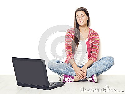 Woman and Laptop, Student Girl with Notebook Computer Sitting on Stock Photo