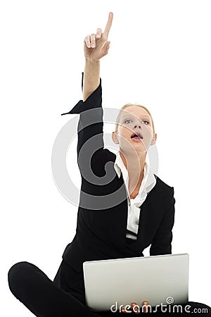 Woman with laptop trying to catch attention Stock Photo