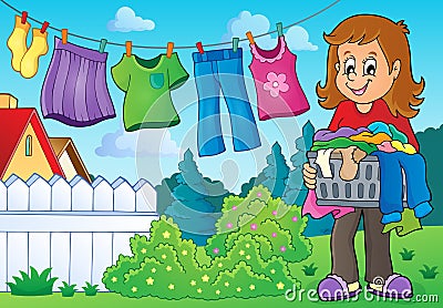 Woman with laundry outdoor Vector Illustration