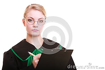 Woman lawyer attorney in classic polish gown writing on clipboard Stock Photo