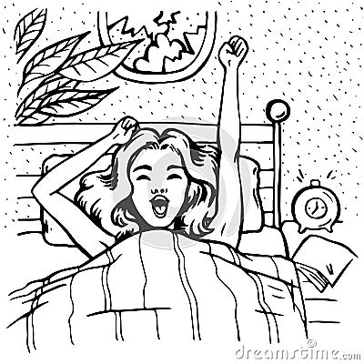 Woman laying in bed yawning and stretching her arms, waking up in the morning line art vector illustration Vector Illustration